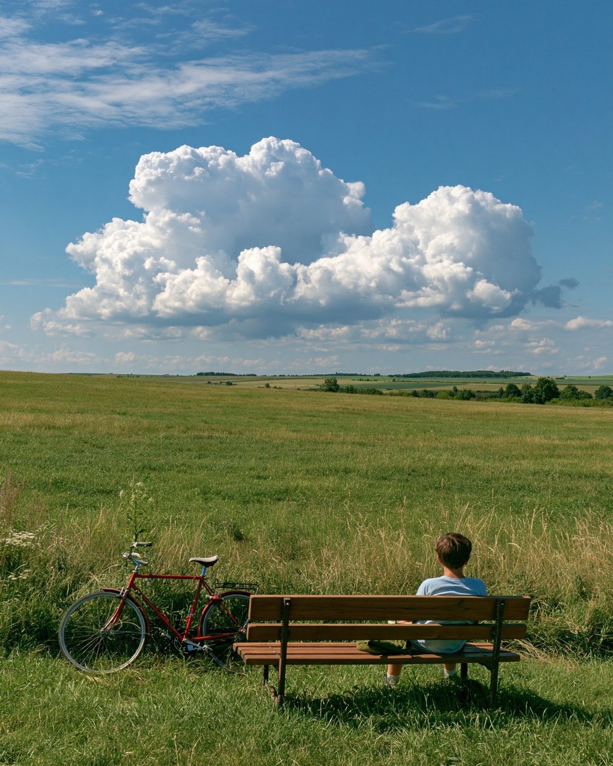 A young person sitting on a wooden bench in a wide green meadow under big white clouds, with a red bicycle resting beside the bench
