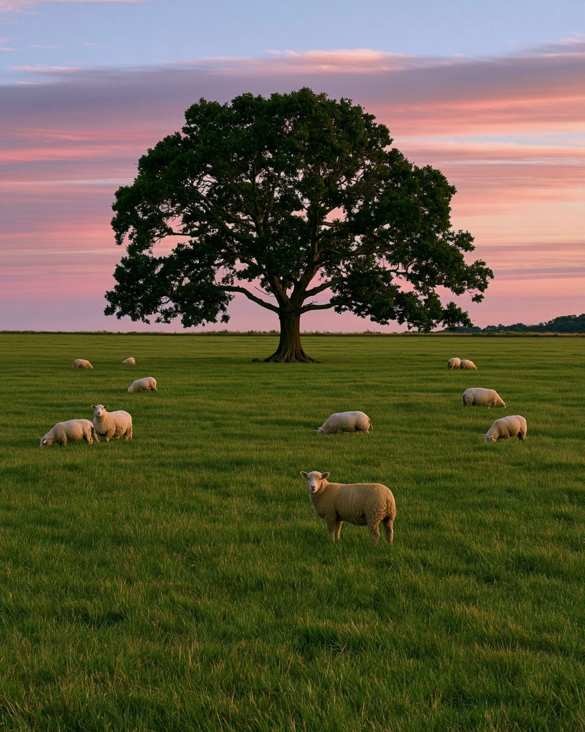 Eine einzelne Eiche auf einer grünen Weide in der Abenddämmerung unter rosa und lila Wolken, ringsum grasende Schafe, eines blickt in die Kamera