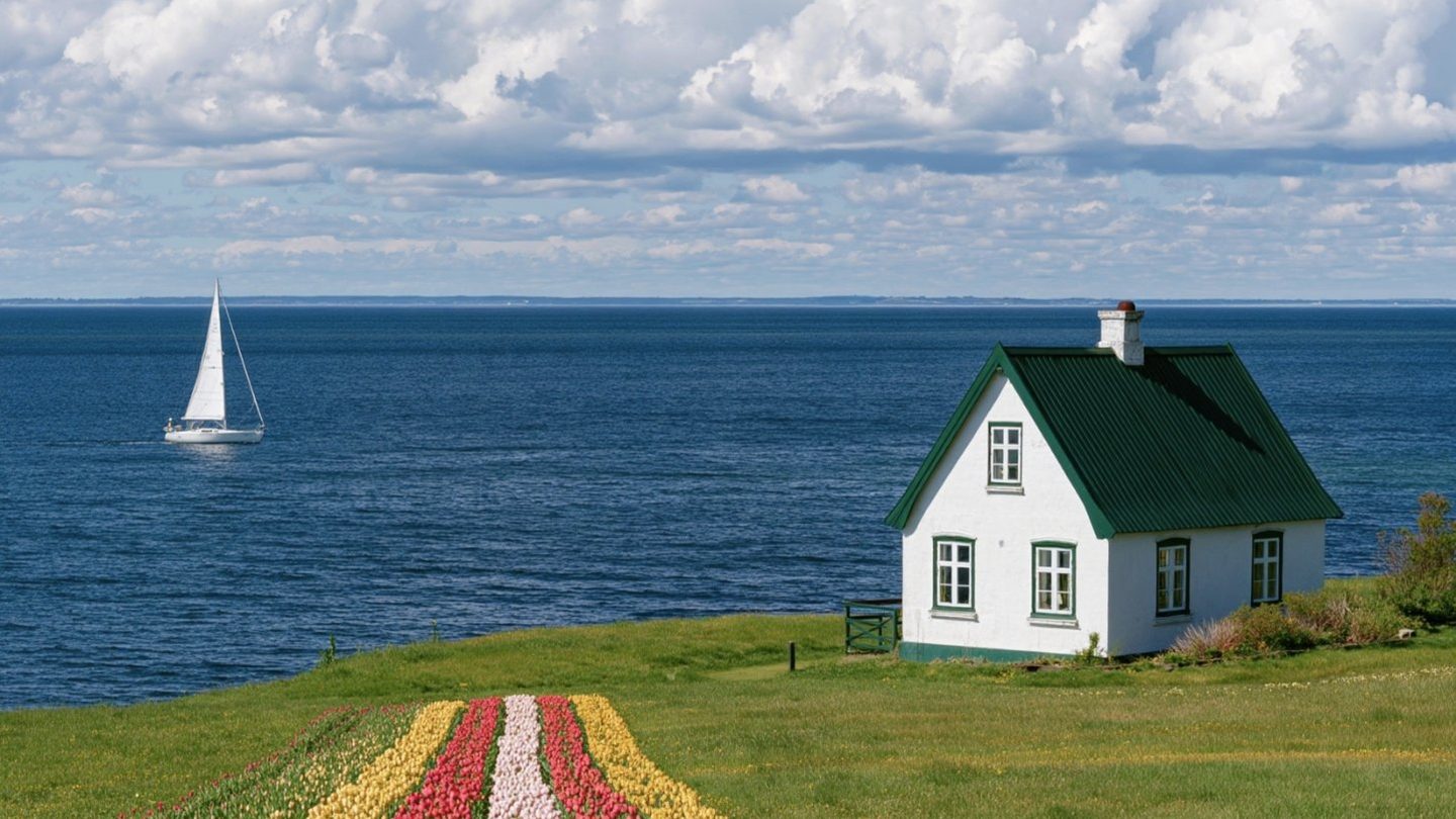 Rows of red, pink and yellow tulips leading to a white cottage by the sea, with a sailboat on the water